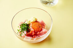 Tuna tartare in a glass bowl