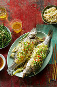 Fried sea bass with lime, ginger, and fennel