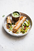 Bok choy spring rolls with leek and watercress mayo