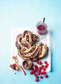 Breakfast bread with raspberries, chocolate and hazelnuts