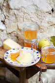 Quince rose water jelly, quince bread with cheese