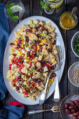 Pasta, chicken, bean, corn and veggies salad