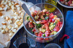 Panzanella with croutons, tomatoes, and avocado
