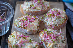 Bread with egg spread and sprouts