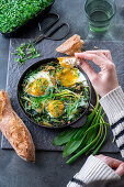 Fried eggs with wild garlic