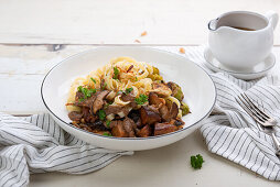 Seitan goulash with wild mushrooms, Brussels sprouts and ribbon noodles, vegan