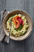 Beetroot and kohlrabi risotto with Parma ham