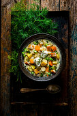 Chowder with winter vegetables and smoked carp