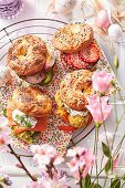 Bagels with different toppings for Easter brunch