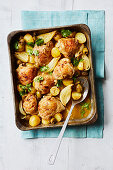 Oven-roasted chicken with fennel, olives and potatoes