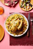 Roast chicken with saffron on orzo pasta with preserved lemon