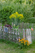 Flower bed in garden with picket fence