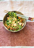 Crispy Tofu and Zucchini Noodles with Tahini and Soy Dressing