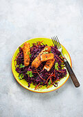 Red cabbage salad with breaded tofu
