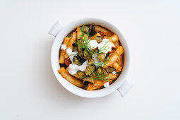 Macaroni Sicilian style with red pesto and eggplant