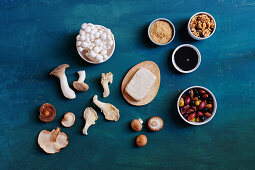 Vegetable umami - mushrooms, olives, soy sauce, yeast flakes, walnuts