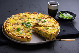 Vegan Quiche Lorraine with tofu, leeks and bacon substitute