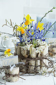 Iris mit Birkenzweigen, Narzissen und Pflaumenblüten als Strauß in Bund aus Birkenstämme