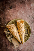 Waffle cones on dark background