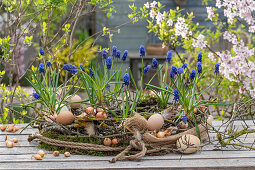 Easter wreath with Easter eggs and grape hyacinths (Muscari) and bulbs