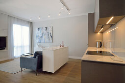 Illuminated kitchen unit, white sideboard as room divider and sofa in open living room