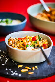 Ground turkey, peppers and pine nuts with yogurt dressing