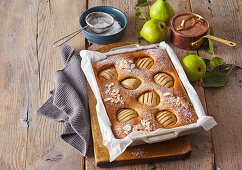 Sheet cake with pears
