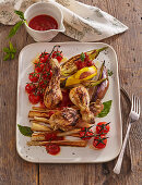 Roasted mustard chicken with parsnips and eggplant