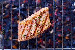 Grilled salmon fillet on grill grate