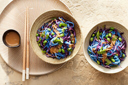 Vegan rice noodle salad with edamame