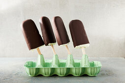 Sugar-free vanilla ice cream in a chocolate coating on a stick