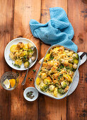 Vegetarian brussels sprouts and potato casserole with tofu