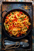 Spaghetti with vegan lentil bolognese made from root vegetables