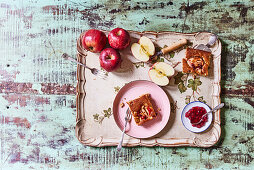 Apple cake on an antique tray