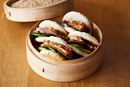 Bao Buns in wooden steamer