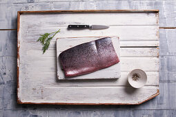 Raw salmon fillet with skin