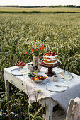 Gedeckter Tisch mit Kuchen, Blumenstrauß und Beeren mitten im Kornfeld