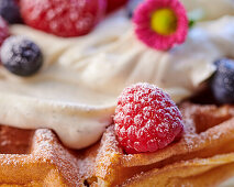 Waffle cake with cream filling and summer berries (detail, close up)