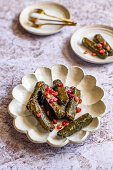Warak Enab (Lebanese stuffed grape leaves with minced meat and rice filling)