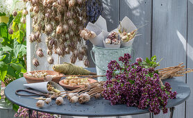 Various seed pods a for seed collection on a garden table