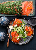 Pumpkin fritters with gravlax and cucumber