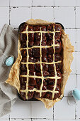 Traditional Easter chocolate Hot cross buns with chocolate chips and candied fruit