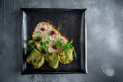 Chicken Tikka with coriander, lime leaves, and apple horseradish salad