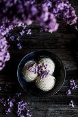 Vanilla ice cream with lilac flowers