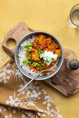 Cauliflower and potato curry with yogurt and rice