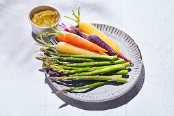 Colorful Mini Carrots Mini Green Asparagus with Pistou