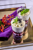 Blueberry parfait with whipped cream yogurt and vanilla ice cream