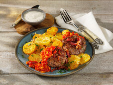 Meatballs served with fried potatoes and red pepper salsa