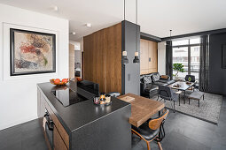 Open living room in black and dark brown