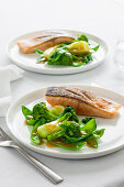 Crispy fried salmon with vegetables and honey-soy sauce